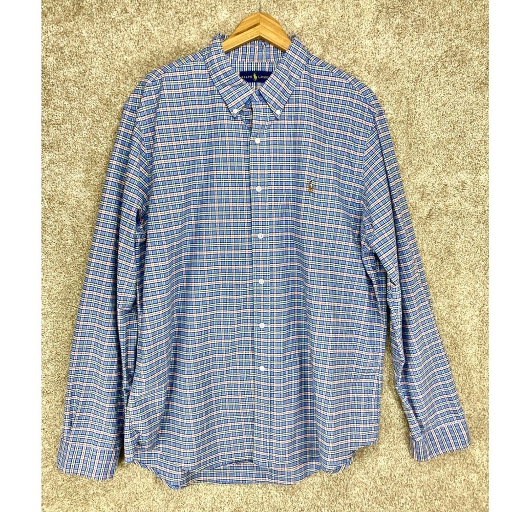 Ralph Lauren Plaid Button Down Shirt Mens Sz XXL Blue Pony Logo Business Classic